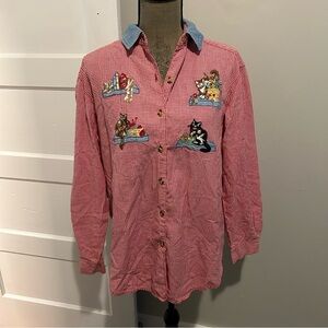 Vintage Casey & Max Red Checkered Button Down Shirt with Cat Embroidered Patches